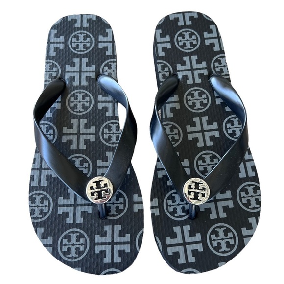 Tory Burch Black and Gray Flip Flops - Picture 1 of 9